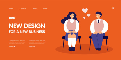 Students feeling love, sitting together in chairs. Couple of teens in school uniform studying flat vector illustration. First school love concept for banner, website design or landing web page