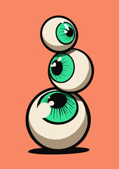Comic book style eyeballs stacked in surreal composition