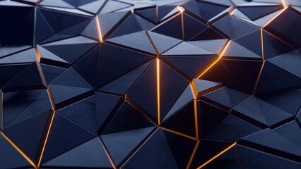 Blue triangles with orange glow 4k 3d render © Dmytro