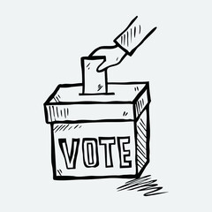 Sketch of hand putting vote bulletin into ballot box . Election concept sign, vector illustration