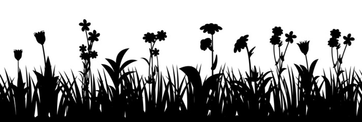 Blooming summer meadow. Dense grass and wildflowers. Rural landscape. Fun cartoon style. Isolated on white background. Horizontal seamless illustration. Silhouette picture. Vector