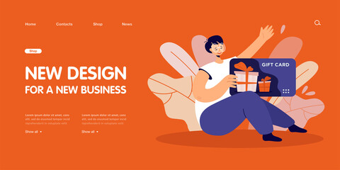 Happy young woman holding gift card. Earning reward or prize from shop or store flat vector illustration. Shopping gift card, consumerism concept for banner, website design or landing web page