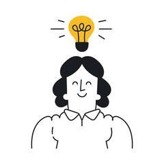 Woman with a light bulb over her head. New idea, brainstorming, solution, problem solved, startup, innovation, creativity. Outline, linear, thin line, doodle art. Simple style with editable stroke.