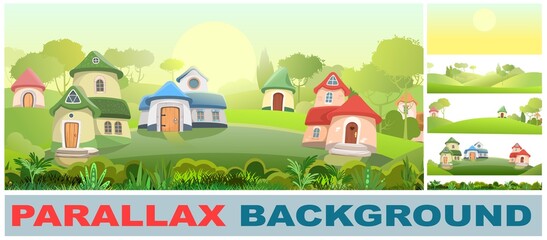 Village of gnomes. Set parallax effect. Fabulous town with cute little houses. Beautiful cartoon green landscape. Meadow against background of forest. Children illustration. Flat design. Vector
