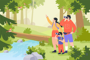 Obraz na płótnie Canvas Family watching birds with binoculars in forest. Group of people observing birds in park flat vector illustration. Nature, family, ornithology, hobby concept for banner, website design or landing page