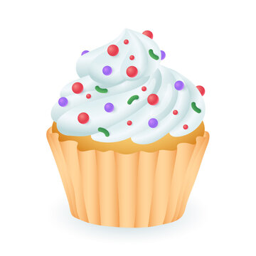 3d cartoon style cupcake with whipped cream and sprinkles icon. Realistic sweet dessert or muffin on white background flat vector illustration. Pasty, party, unhealthy food concept