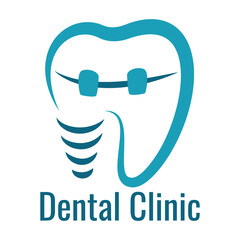 Dental clinic logotype vector isolated. Logo for dentistry. Abstract shape, modern design for logo. Medical business concept. Blue tooth and braces icon.