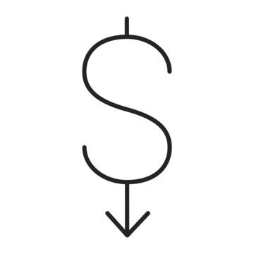 Dollar falling down vector isolated. Icon of a dollar sign and arrow pointing down, concept of financial crisis. Economy decrease and recession