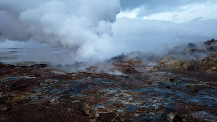 Fototapeta na wymiar Winter landscape view of the geothermal region Hverir near Myvatn Lake in Iceland.