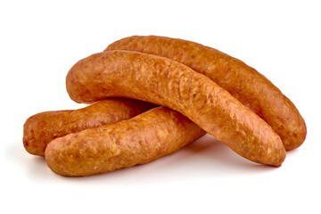 Smoked german bratwurst sausages, isolated on white background.