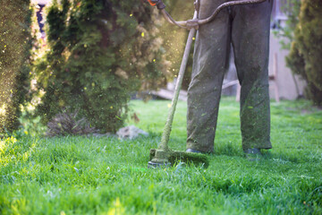 Lawn mover on green grass. Machine for cutting lawns.