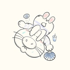 Cartoon painting about a rabbit resting in summer, hot weather, rest, sleep, line, watercolor.