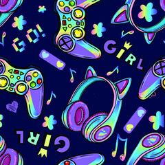 Abstract seamless pattern with headphones, pink joysticks.  Girlish gaming fashion  bright background for textile © SokolArtStudio