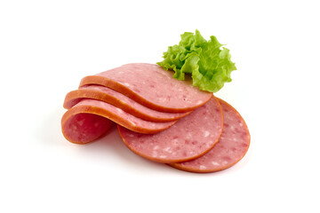 Salami sausage slices with lettuce leaf, isolated on white background.