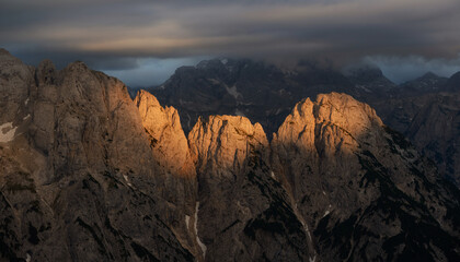 Mountains in the Julian Alps at sunset. 