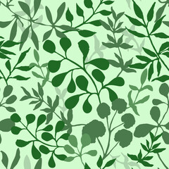 Seamless pattern with summer plants. Leaves, branches and herbs on a green background. Botanical vector illustration in flat style. Nature floral background for wrapping paper or textile.