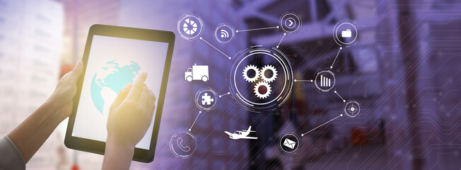 Wholesale and logistics concept. Closeup view of woman with modern tablet and different virtual...