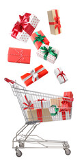 Beautifully wrapped gift boxes falling into metal shopping cart on white background