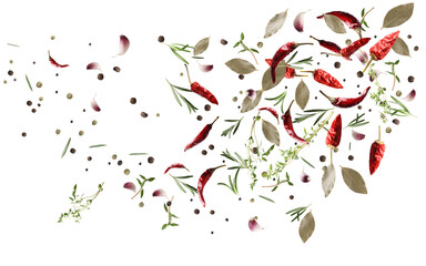 Many different spices flying on white background