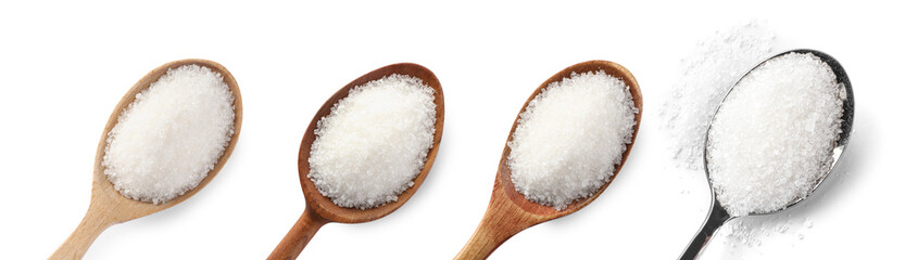 Fototapeta na wymiar Set with granulated sugar on white background, top view. Banner design