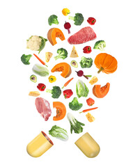 Dietary supplements. Capsule and different fresh products flying on white background