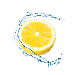Fototapeta na wymiar Fresh ripe lemon and splashing water on white background