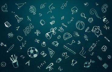 School icons set drawing in chalkboard. Back to school concept. Hand drawn background with school supplies and creative elements.