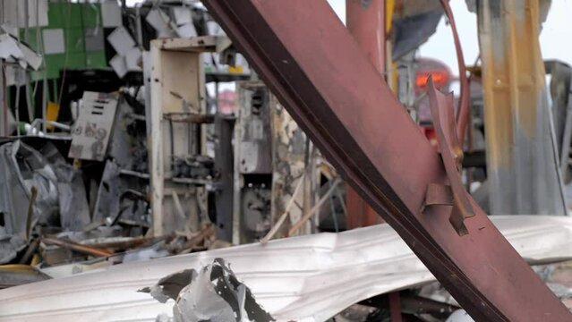 Russia Ukraine War. A bombed-out gas station. Destroyed gas station