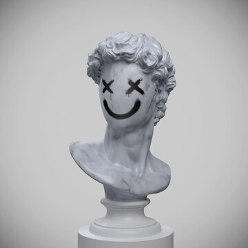 Abstract concept illustration of faceless marble classical bust on pedestal with sprayed emoticon style face from 3d rendering on grey background.