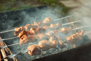 Cooking delicious meat on metal brazier outdoors