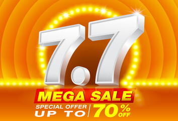 7.7 Mega Sale Poster or Banner template with Number 7 3D text on Spotlight LED orange background. Campaign Special Offer Up To 70%. Design for Ads, social media, Shopping online.