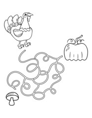 Simple Thanksgiving maze with turkey for kids. Coloring page for kids.