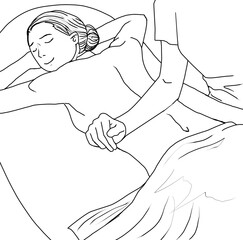 リラックスした表情で背中のマッサージを受ける女性のイラストとセラピストの腕