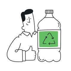 Man holding big recyclable bottle. Waste recycling, waste sorting, re-use of plastic materials. Outline, linear, thin line, doodle art. Simple style with editable stroke.