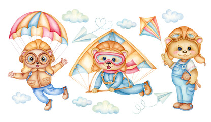 Set of cute teddy bear flying on parachute and paraglider in the sky. Funny pilots. Watercolor cartoon funny animals on a plane, hand drawn illustration isolated on white background