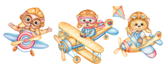 Set of cute teddy bear pilot flying on airplane in the sky. Watercolor cartoon funny animals on a plane, hand drawn illustration isolated on white background