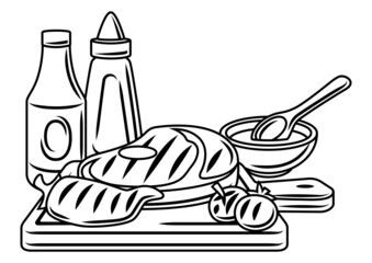Bbq illustration with grill objects and icons. Stylized kitchen and restaurant items.