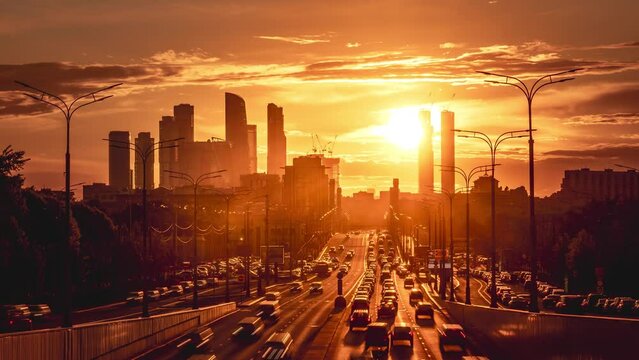 Time lapse of traffic in Moscow, Russia. Amazing sunset between Moscow City Trade Center.