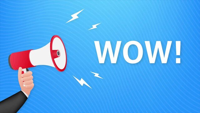 Wow megaphone. Flat Motion graphics . Announce promotion offer. People communicate. 4k