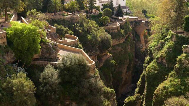 Tajo Gorge With The Historic Town Of Ronda In Spain. Tilt-up Shot