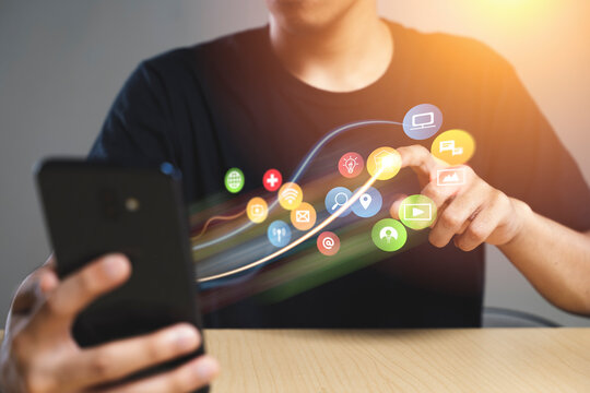 Man using a smartphone social media experience concept