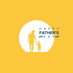Happy Father's Day. Father and son walking in the sunset. Silhouette shapes. Vector illustration, flat design