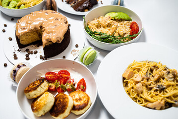Set of different fresh dishes on white background. Banner design