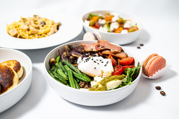 Set of different fresh dishes on white background. Banner design