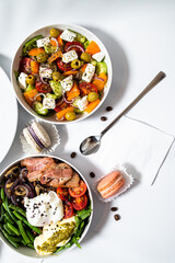 Set of festive meals of meat and vegetables and sweets on white background isolated. Menu set.