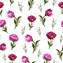 seamless pattern of decorative flowers and leaves. summer Wallpaper of pink peonies in a realistic style. vector pattern for printing, textiles, and paper.