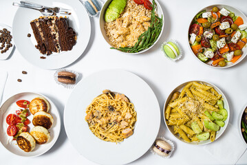Set of different fresh dishes on white background. Banner design