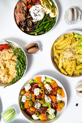 Set of different fresh dishes on white background. Banner design