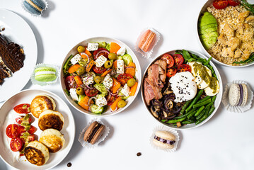 Set of different fresh dishes on white background. Banner design