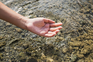 Woman's hand touching water in the midst of nature